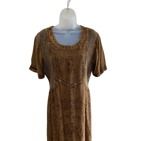 Bila Womens Brown Boho Embroidered Midi Dress L 100% Rayon Short Sleeve Tie Back - Picture 4 of 8